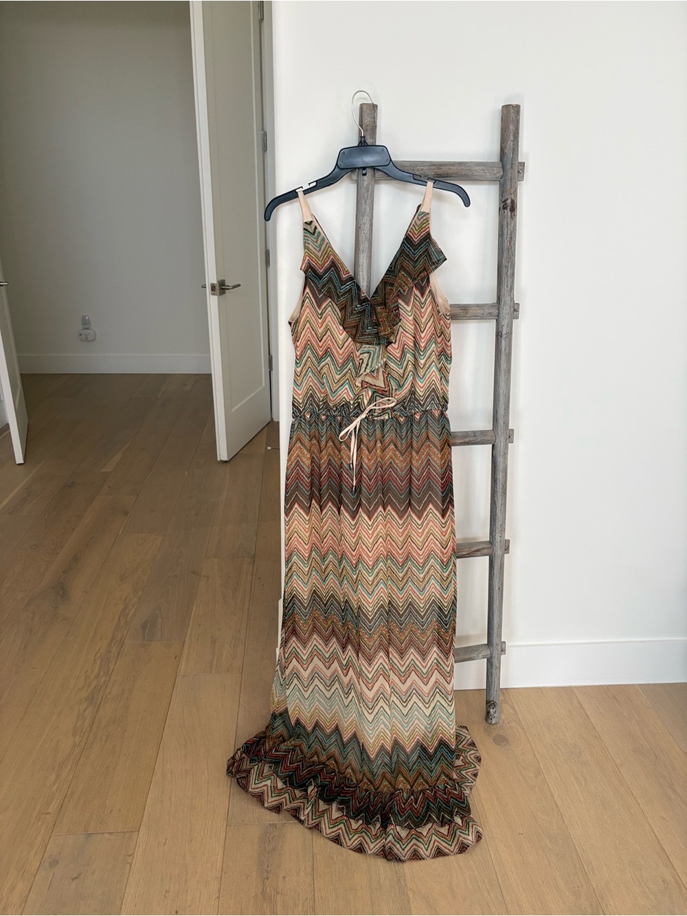Multi-Color Chevron Ruffle Maxi Dress with Drawstring Waist - Picture 4 of 8